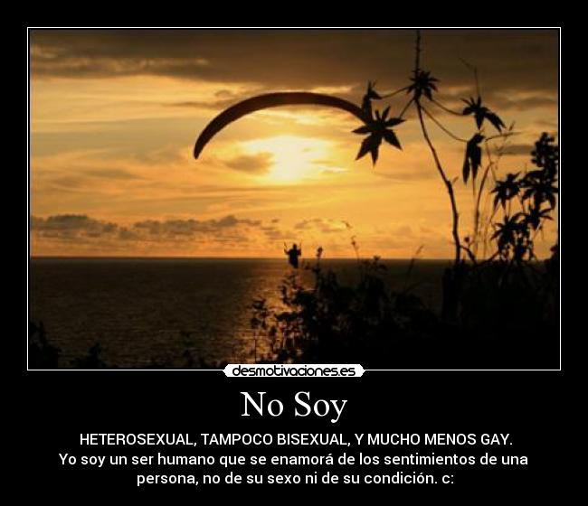 No Soy -  HETEROSEXUAL, TAMPOCO BISEXUAL, Y MUCHO MENOS GAY.
Yo soy un ser humano que se enamorá de los sentimientos de una
persona, no de su sexo ni de su condición. c:
