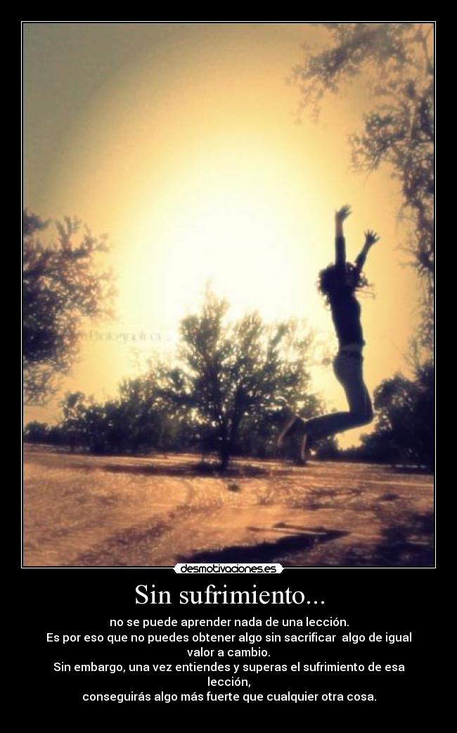 Sin sufrimiento... - no se puede aprender nada de una lección.
Es por eso que no puedes obtener algo sin sacrificar algo de igual valor a cambio.
Sin embargo, una vez entiendes y superas el sufrimiento de esa lección,
conseguirás algo más fuerte que cualquier otra cosa.