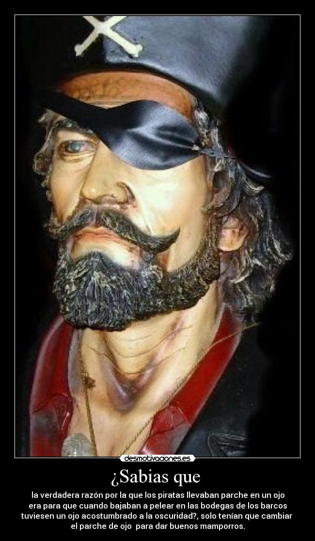 ¿Sabias que  - la verdadera razón por la que los piratas llevaban parche en un ojo
era para que cuando bajaban a pelear en las bodegas de los barcos
tuviesen un ojo acostumbrado a la oscuridad?, solo tenían que cambiar 
el parche de ojo  para dar buenos mamporros.