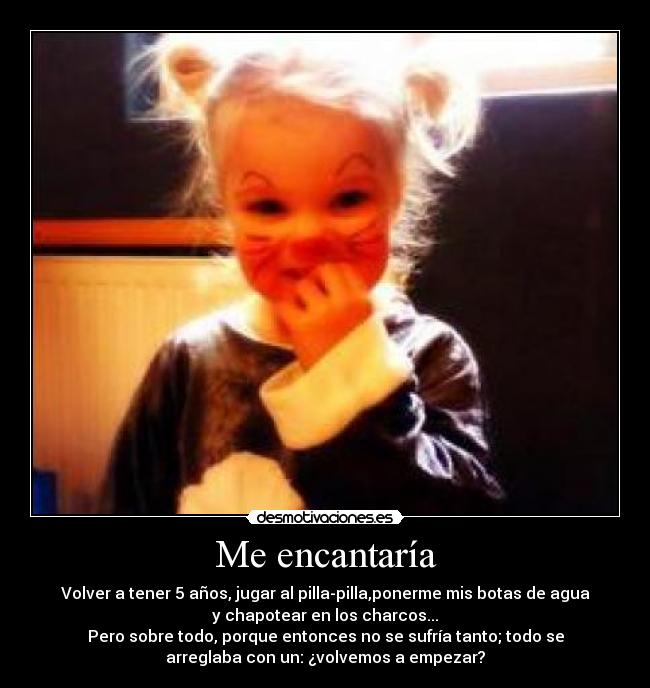 Me encantaría - Volver a tener 5 años, jugar al pilla-pilla,ponerme mis botas de agua
y chapotear en los charcos...
Pero sobre todo, porque entonces no se sufría tanto; todo se
arreglaba con un: ¿volvemos a empezar?