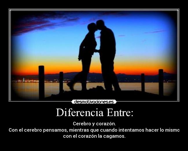 Diferencia Entre: - Cerebro y corazón.
Con el cerebro pensamos, mientras que cuando intentamos hacer lo mismo
con el corazón la cagamos.
