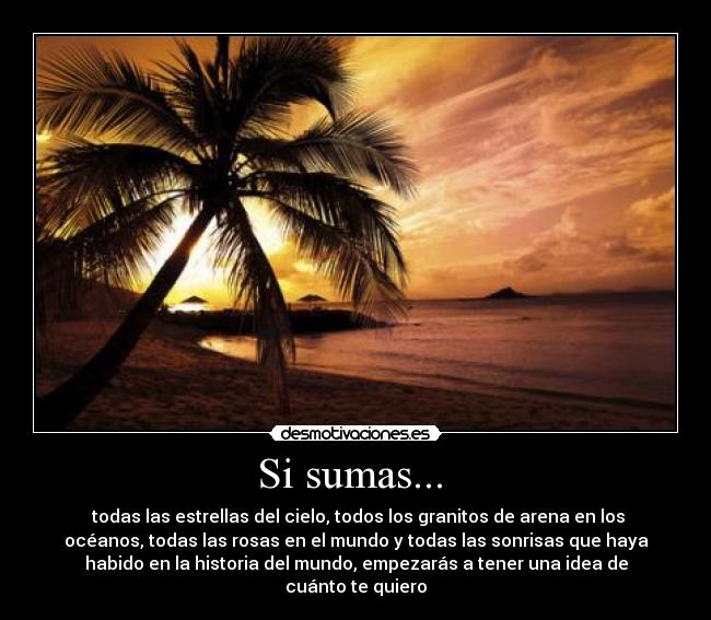 Si sumas... - todas las estrellas del cielo, todos los granitos de arena en los
océanos, todas las rosas en el mundo y todas las sonrisas que haya
habido en la historia del mundo, empezarás a tener una idea de
cuánto te quiero