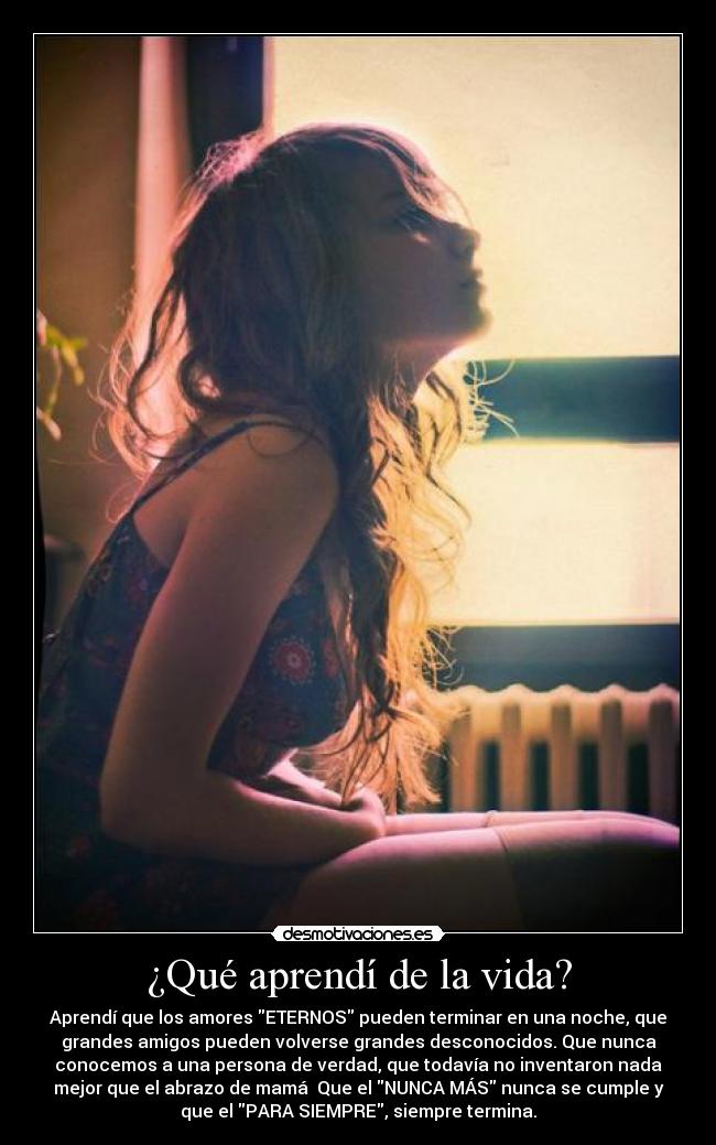 ¿Qué aprendí de la vida? - Aprendí que los amores ETERNOS pueden terminar en una noche, que
grandes amigos pueden volverse grandes desconocidos. Que nunca
conocemos a una persona de verdad, que todavía no inventaron nada
mejor que el abrazo de mamá  Que el NUNCA MÁS nunca se cumple y
que el PARA SIEMPRE, siempre termina.