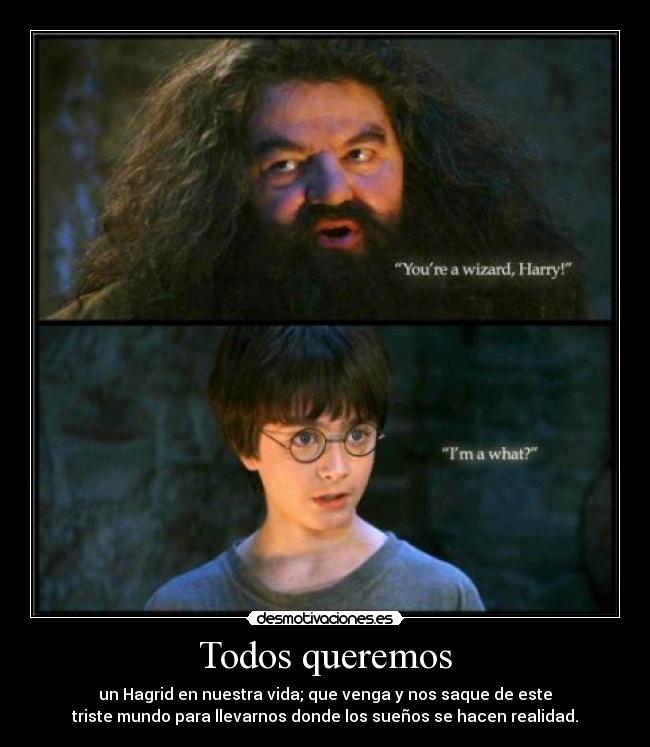 Todos queremos - un Hagrid en nuestra vida; que venga y nos saque de este
triste mundo para llevarnos donde los sueños se hacen realidad.