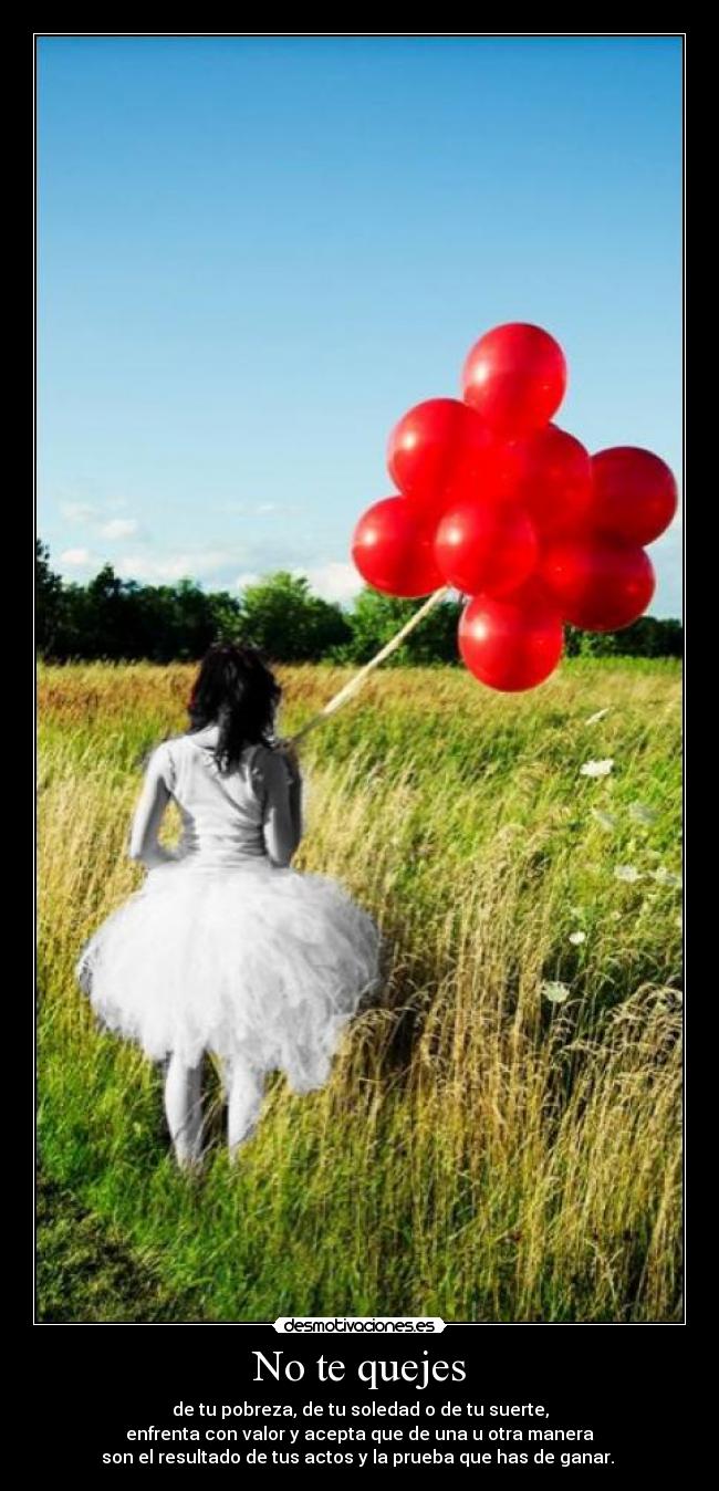 No te quejes - de tu pobreza, de tu soledad o de tu suerte,
enfrenta con valor y acepta que de una u otra manera
son el resultado de tus actos y la prueba que has de ganar.