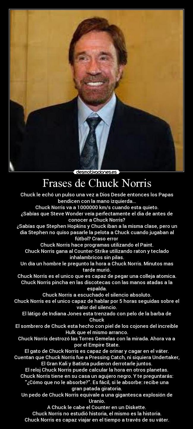 Frases de Chuck Norris - Chuck le echó un pulso una vez a Dios Desde entonces los Papas
bendicen con la mano izquierda...
Chuck Norris va a 1000000 km/s cuando esta quieto.
¿Sabías que Steve Wonder veía perfectamente el dia de antes de
conocer a Chuck Norris?
¿Sabías que Stephen Hopkins y Chuck iban a la misma clase, pero un
dia Stephen no quiso pasarle la pelota a Chuck cuando jugaban al
fútbol? Craso error
Chuck Norris hace programas utilizando el Paint.
Chuck Norris gana al Counter-Strike utilizando raton y teclado
inhalambricos sin pilas.
Un día un hombre le pregunto la hora a Chuck Norris. Minutos mas
tarde murió.
Chuck Norris es el unico que es capaz de pegar una colleja atomica.
Chuck Norris pincha en las discotecas con las manos atadas a la
espalda.
Chuck Norris a escuchado el silencio absoluto.
Chuck Norris es el unico capaz de hablar por 5 horas seguidas sobre el
valor del silencio.
El látigo de Indiana Jones esta trenzado con pelo de la barba de
Chuck
El sombrero de Chuck esta hecho con piel de los cojones del increible
Hulk que el mismo arranco.
Chuck Norris destrozó las Torres Gemelas con la mirada. Ahora va a
por el Empire State.
El gato de Chuck Norris es capaz de orinar y cagar en el váter.
Cuentan que Chuck Norris fue a Pressing Catch, ni siquiera Undertaker,
El Gran Kali y Batista pudieron derrotarle juntos.
El reloj Chuck Norris puede calcular la hora en otros planetas.
Chuck Norris tiene en su casa un agujero negro. Y te preguntarás:
¿Cómo que no le absorbe?. Es fácil, si le absorbe: recibe una
gran patada giratoria.
Un pedo de Chuck Norris equivale a una gigantesca explosión de
Uranio.
A Chuck le cabe el Counter en un Diskette.
Chuck Norris no estudió historia, el mismo es la historia.
Chuck Norris es capaz viajar en el tiempo a través de su váter.