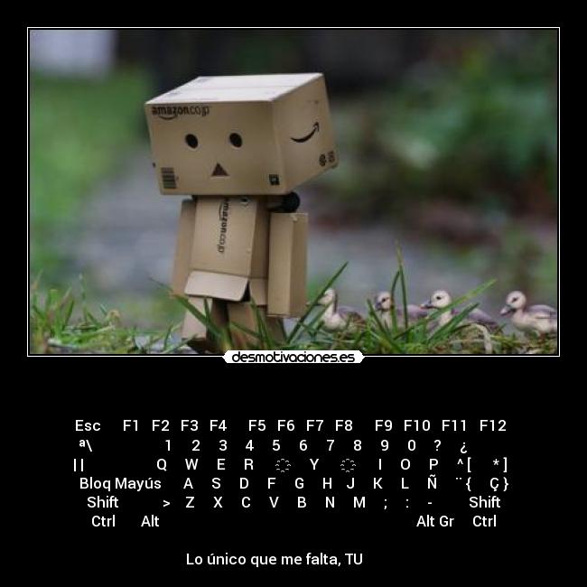     - Esc      F1   F2   F3   F4      F5   F6   F7   F8      F9   F10   F11   F12  
ª\                    1     2     3     4     5     6     7     8     9     0     ?     ¿     ←      
|↔|                    Q     W     E     R      ҈     Y      ҈      I     O     P     ^ [      * ]  
Bloq Mayús      A     S     D     F     G     H    J     K     L     Ñ     ¨ {     Ç }
Shift ↕          >    Z     X     C     V     B     N     M     ;     :     -        ↕ Shift
  Ctrl       Alt                                                                       Alt Gr     Ctrl  
                                                                                                                                 ←  ↕  →
Lo único que me falta, TU           
