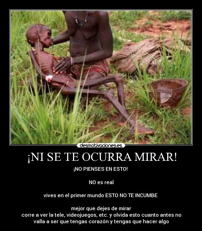 ¡NI SE TE OCURRA MIRAR! - ¡NO PIENSES EN ESTO! 

NO es real

vives en el primer mundo ESTO NO TE INCUMBE 
 
mejor que dejes de mirar
corre a ver la tele, videojuegos, etc. y olvida esto cuanto antes no
valla a ser que tengas corazón y tengas que hacer algo