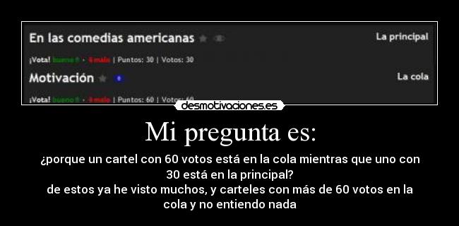 Mi pregunta es: - ¿porque un cartel con 60 votos está en la cola mientras que uno con
30 está en la principal?
de estos ya he visto muchos, y carteles con más de 60 votos en la
cola y no entiendo nada