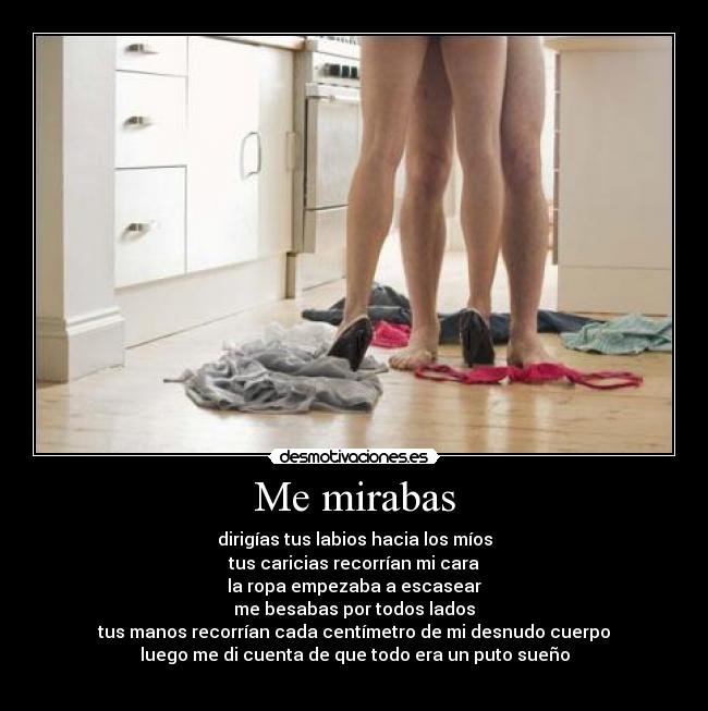 Me mirabas - dirigías tus labios hacia los míos
tus caricias recorrían mi cara
la ropa empezaba a escasear
me besabas por todos lados
tus manos recorrían cada centímetro de mi desnudo cuerpo
luego me di cuenta de que todo era un puto sueño