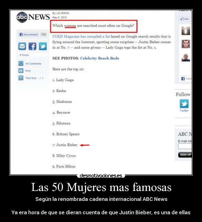 Las 50 Mujeres mas famosas - Según la renombrada cadena internacional ABC News
Ya era hora de que se dieran cuenta de que Justin Bieber, es una de ellas
