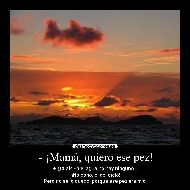 - ¡Mamá, quiero ese pez! - + ¿Cuál? En el agua no hay ninguno...
- ¡No coño, el del cielo!
Pero no se lo quedó, porque ese pez era mío.