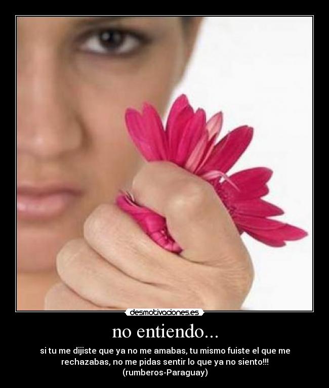 no entiendo... - si tu me dijiste que ya no me amabas, tu mismo fuiste el que me
rechazabas, no me pidas sentir lo que ya no siento!!!
(rumberos-Paraguay)