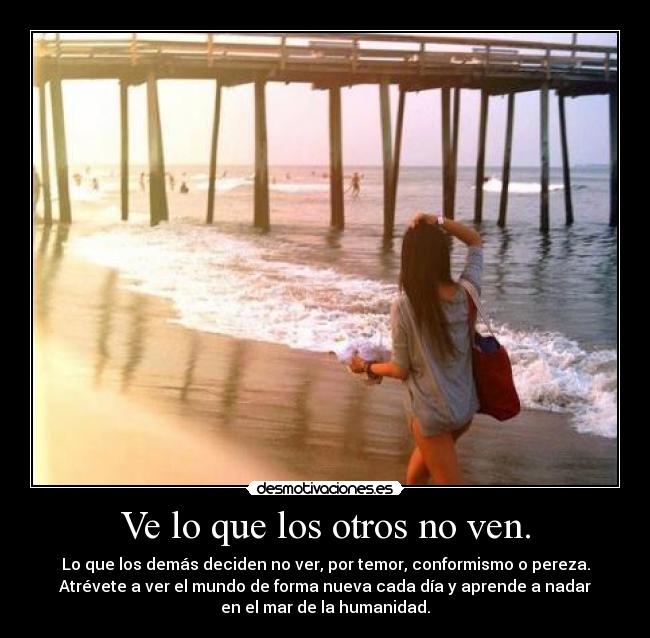 Ve lo que los otros no ven. - Lo que los demás deciden no ver, por temor, conformismo o pereza.
Atrévete a ver el mundo de forma nueva cada día y aprende a nadar
en el mar de la humanidad.