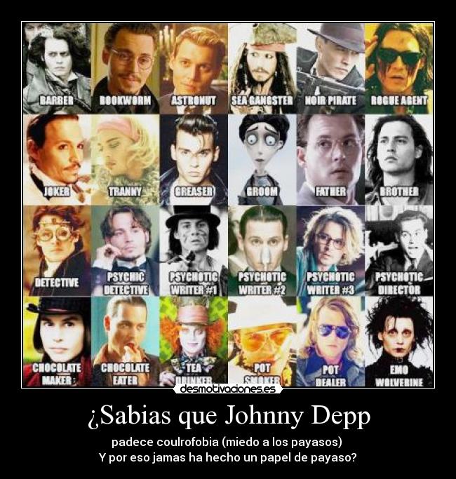 ¿Sabias que Johnny Depp - padece coulrofobia (miedo a los payasos)
Y por eso jamas ha hecho un papel de payaso?