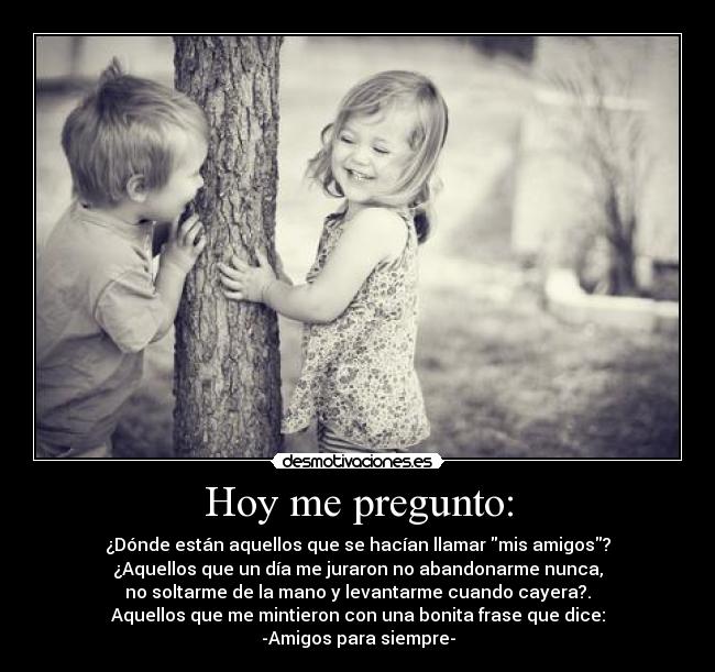 Hoy me pregunto: - ¿Dónde están aquellos que se hacían llamar mis amigos?
¿Aquellos que un día me juraron no abandonarme nunca,
no soltarme de la mano y levantarme cuando cayera?.
Aquellos que me mintieron con una bonita frase que dice:
-Amigos para siempre-