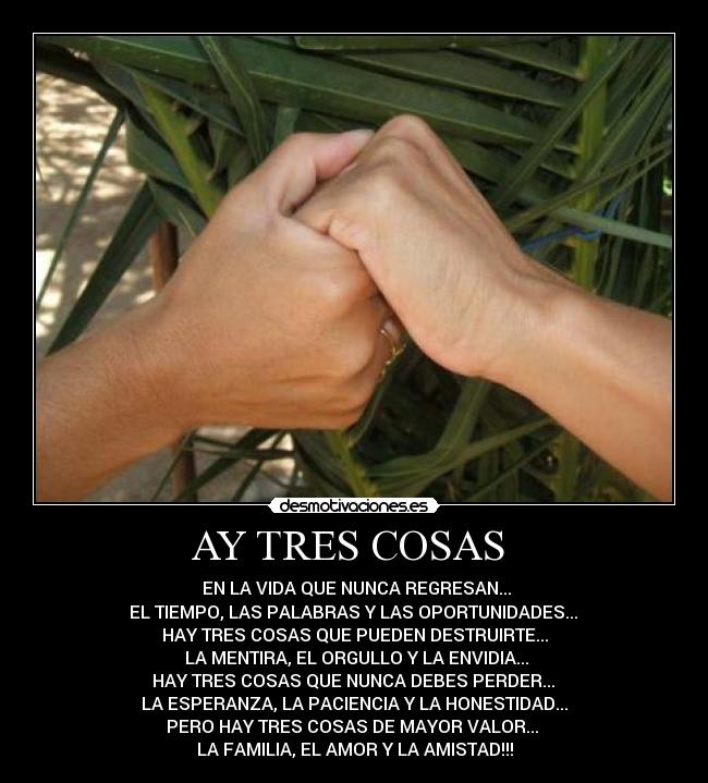 AY TRES COSAS - EN LA VIDA QUE NUNCA REGRESAN...
EL TIEMPO, LAS PALABRAS Y LAS OPORTUNIDADES...
HAY TRES COSAS QUE PUEDEN DESTRUIRTE...
LA MENTIRA, EL ORGULLO Y LA ENVIDIA...
HAY TRES COSAS QUE NUNCA DEBES PERDER...
LA ESPERANZA, LA PACIENCIA Y LA HONESTIDAD...
PERO HAY TRES COSAS DE MAYOR VALOR...
LA FAMILIA, EL AMOR Y LA AMISTAD!!!