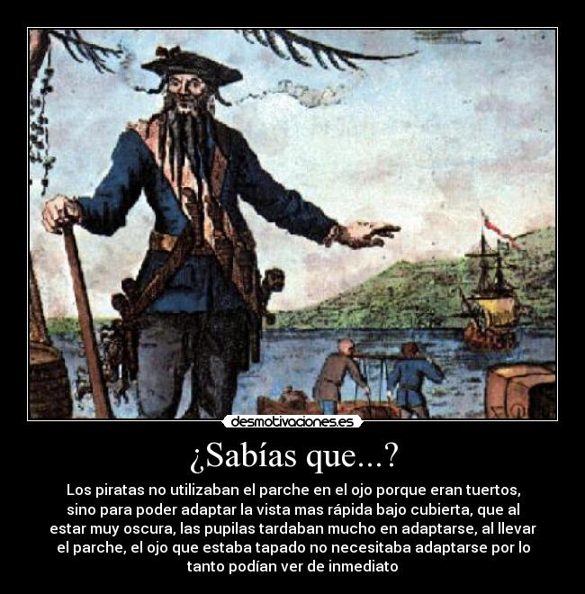 ¿Sabías que...? - Los piratas no utilizaban el parche en el ojo porque eran tuertos,
sino para poder adaptar la vista mas rápida bajo cubierta, que al
estar muy oscura, las pupilas tardaban mucho en adaptarse, al llevar
el parche, el ojo que estaba tapado no necesitaba adaptarse por lo
tanto podían ver de inmediato