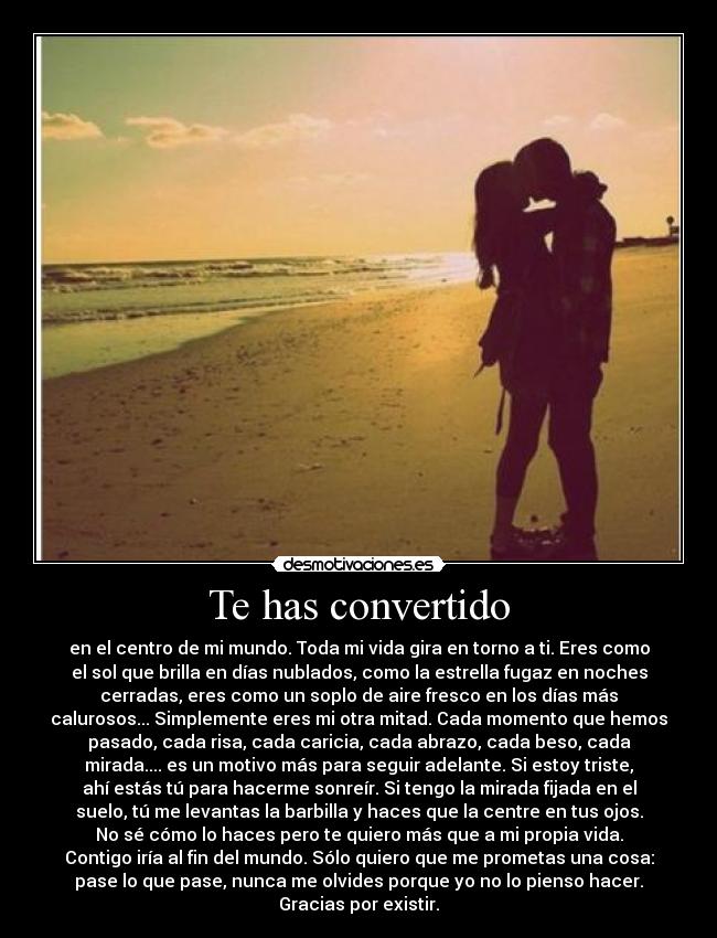 Te has convertido - en el centro de mi mundo. Toda mi vida gira en torno a ti. Eres como
el sol que brilla en días nublados, como la estrella fugaz en noches
cerradas, eres como un soplo de aire fresco en los días más
calurosos... Simplemente eres mi otra mitad. Cada momento que hemos
pasado, cada risa, cada caricia, cada abrazo, cada beso, cada
mirada.... es un motivo más para seguir adelante. Si estoy triste,
ahí estás tú para hacerme sonreír. Si tengo la mirada fijada en el
suelo, tú me levantas la barbilla y haces que la centre en tus ojos.
No sé cómo lo haces pero te quiero más que a mi propia vida.
Contigo iría al fin del mundo. Sólo quiero que me prometas una cosa:
pase lo que pase, nunca me olvides porque yo no lo pienso hacer.
Gracias por existir.