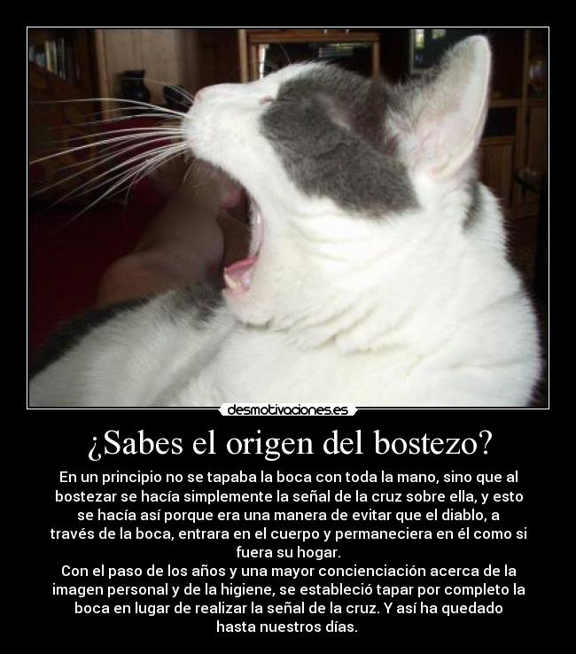 ¿Sabes el origen del bostezo? - En un principio no se tapaba la boca con toda la mano, sino que al
bostezar se hacía simplemente la señal de la cruz sobre ella, y esto
se hacía así porque era una manera de evitar que el diablo, a
través de la boca, entrara en el cuerpo y permaneciera en él como si
fuera su hogar.
Con el paso de los años y una mayor concienciación acerca de la
imagen personal y de la higiene, se estableció tapar por completo la
boca en lugar de realizar la señal de la cruz. Y así ha quedado
hasta nuestros días.