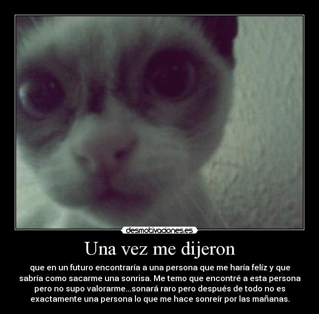 Una vez me dijeron - que en un futuro encontraría a una persona que me haría felíz y que
sabría como sacarme una sonrisa. Me temo que encontré a esta persona
pero no supo valorarme...sonará raro pero después de todo no es
exactamente una persona lo que me hace sonreír por las mañanas.