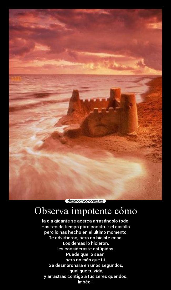 Observa impotente cómo - la ola gigante se acerca arrasándolo todo.
Has tenido tiempo para construir el castillo
pero lo has hecho en el último momento.
Te advirtieron, pero no hiciste caso.
Los demás lo hicieron,
les consideraste estúpidos.
Puede que lo sean,
pero no más que tú.
Se desmoronará en unos segundos,
igual que tu vida,
y arrastrás contigo a tus seres queridos.
Imbécil.
