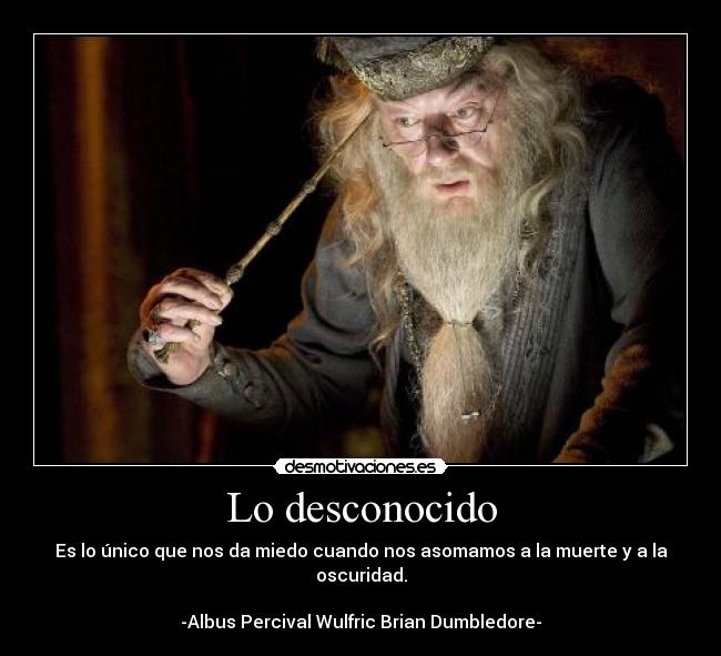 Lo desconocido - Es lo único que nos da miedo cuando nos asomamos a la muerte y a la oscuridad.
-Albus Percival Wulfric Brian Dumbledore-