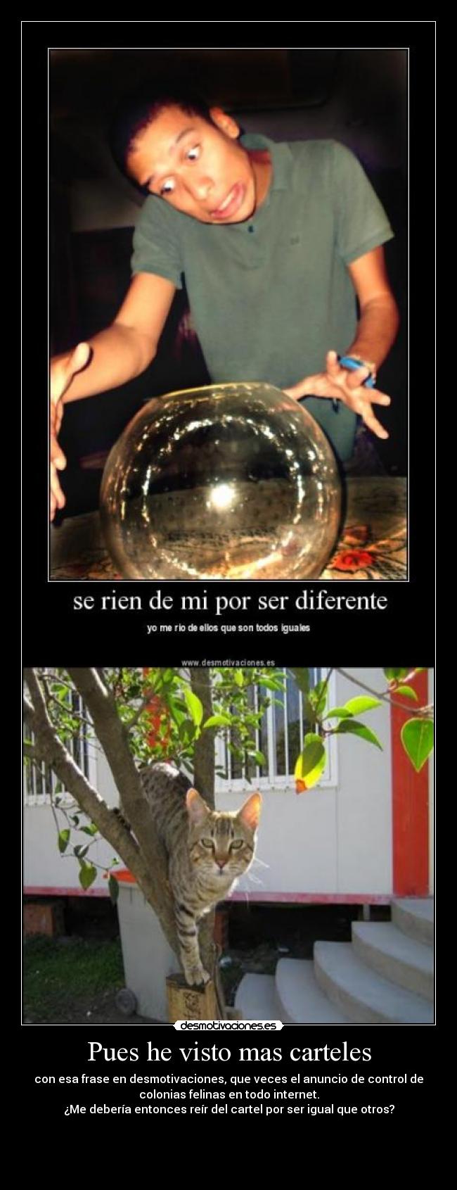 Pues he visto mas carteles - con esa frase en desmotivaciones, que veces el anuncio de control de
colonias felinas en todo internet.
¿Me debería entonces reír del cartel por ser igual que otros?
