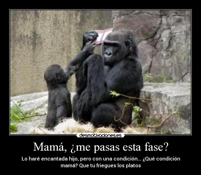 Mamá, ¿me pasas esta fase? - Lo haré encantada hijo, pero con una condición... ¿Qué condición
mamá? Que tu friegues los platos