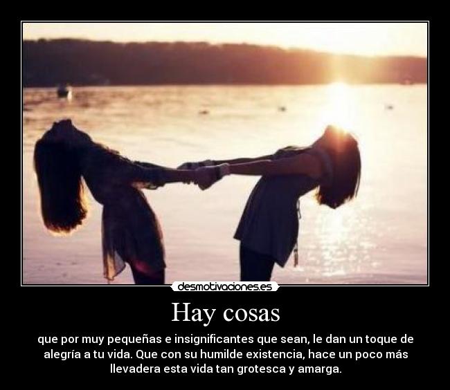 Hay cosas - que por muy pequeñas e insignificantes que sean, le dan un toque de
alegría a tu vida. Que con su humilde existencia, hace un poco más
llevadera esta vida tan grotesca y amarga.