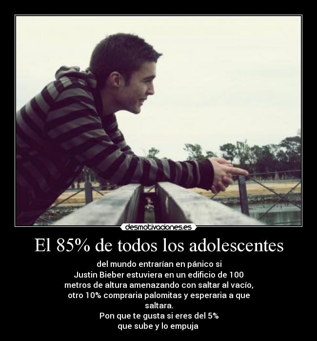El 85% de todos los adolescentes - del mundo entrarían en pánico si
Justin Bieber estuviera en un edificio de 100
metros de altura amenazando con saltar al vacío,
otro 10% compraria palomitas y esperaria a que
saltara.
Pon que te gusta si eres del 5%
que sube y lo empuja 
