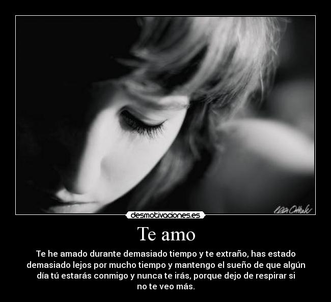 Te amo - Te he amado durante demasiado tiempo y te extraño, has estado
demasiado lejos por mucho tiempo y mantengo el sueño de que algún
día tú estarás conmigo y nunca te irás, porque dejo de respirar si
no te veo más.