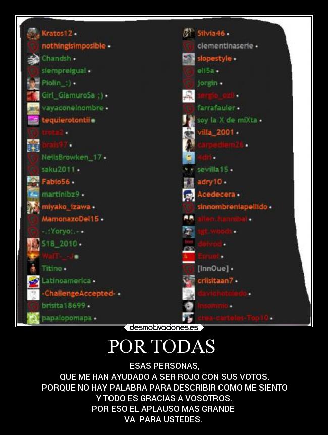 POR TODAS - ESAS PERSONAS,
QUE ME HAN AYUDADO A SER ROJO CON SUS VOTOS.
PORQUE NO HAY PALABRA PARA DESCRIBIR COMO ME SIENTO
Y TODO ES GRACIAS A VOSOTROS.
POR ESO EL APLAUSO MAS GRANDE
VA PARA USTEDES.