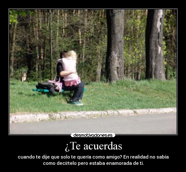 ¿Te acuerdas - cuando te dije que solo te quería como amigo? En realidad no sabía
como decírtelo pero estaba enamorada de ti.