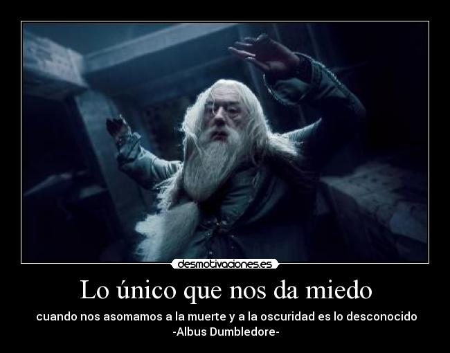 Lo único que nos da miedo -  cuando nos asomamos a la muerte y a la oscuridad es lo desconocido
-Albus Dumbledore-