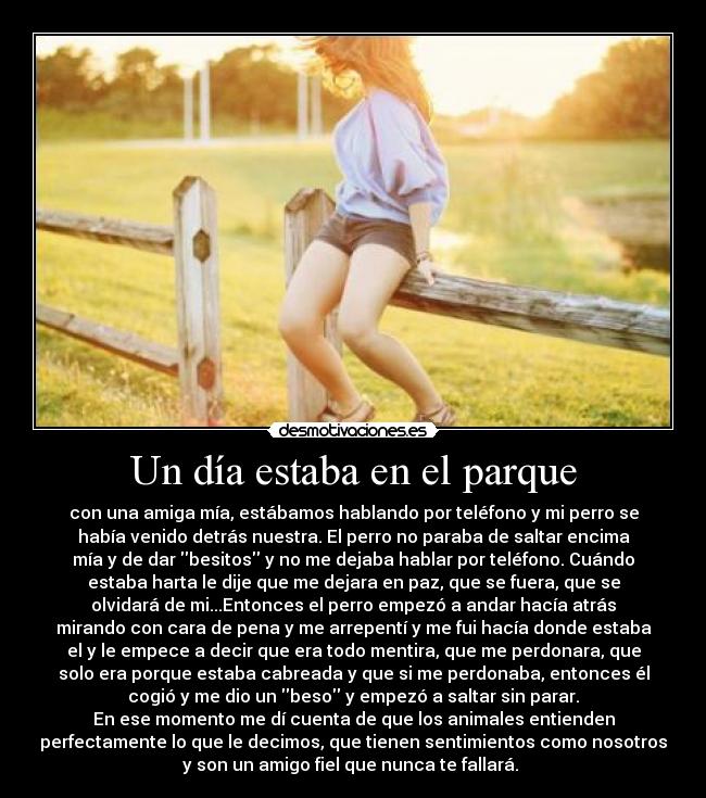 Un día estaba en el parque - con una amiga mía, estábamos hablando por teléfono y mi perro se
había venido detrás nuestra. El perro no paraba de saltar encima
mía y de dar besitos y no me dejaba hablar por teléfono. Cuándo
estaba harta le dije que me dejara en paz, que se fuera, que se
olvidará de mi...Entonces el perro empezó a andar hacía atrás
mirando con cara de pena y me arrepentí y me fui hacía donde estaba
el y le empece a decir que era todo mentira, que me perdonara, que
solo era porque estaba cabreada y que si me perdonaba, entonces él
cogió y me dio un beso y empezó a saltar sin parar.
En ese momento me dí cuenta de que los animales entienden
perfectamente lo que le decimos, que tienen sentimientos como nosotros
y son un amigo fiel que nunca te fallará.