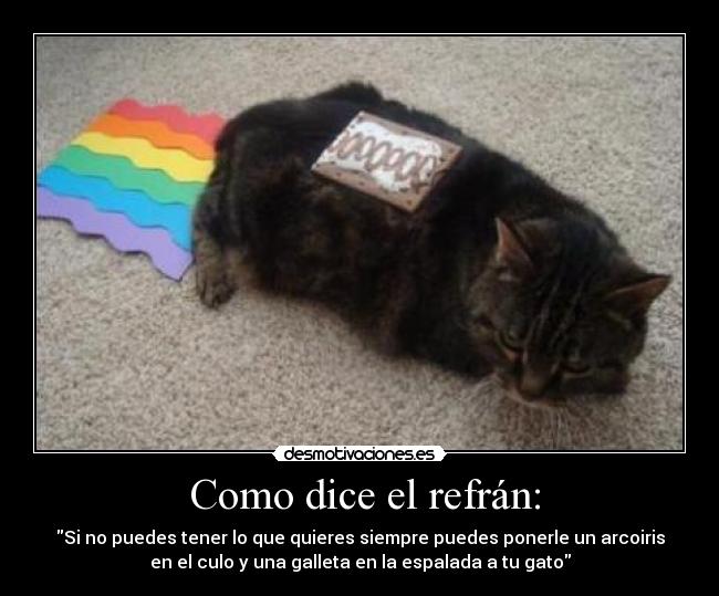Como dice el refrán: - Si no puedes tener lo que quieres siempre puedes ponerle un arcoiris
en el culo y una galleta en la espalada a tu gato