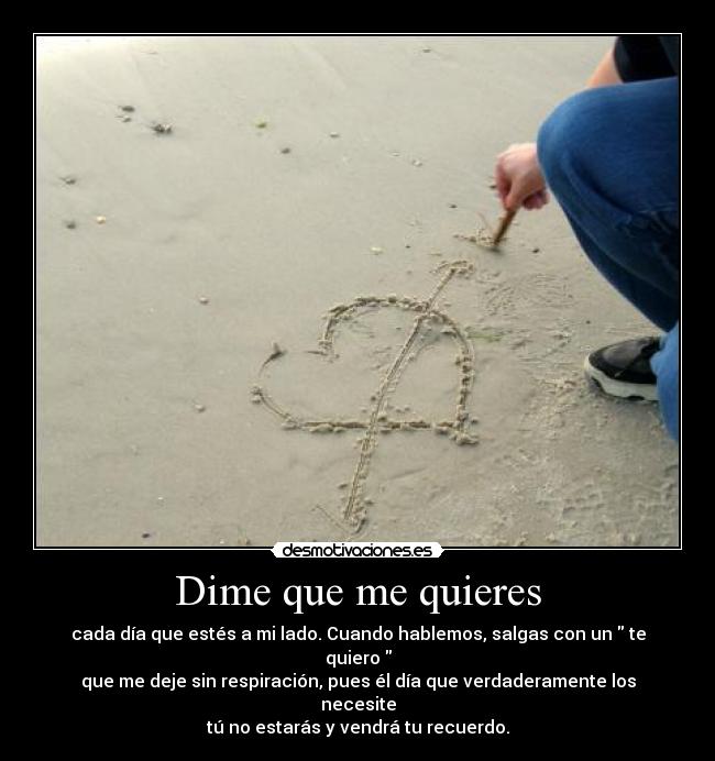 Dime que me quieres - cada día que estés a mi lado. Cuando hablemos, salgas con un te quiero
que me deje sin respiración, pues él día que verdaderamente los necesite
tú no estarás y vendrá tu recuerdo.
