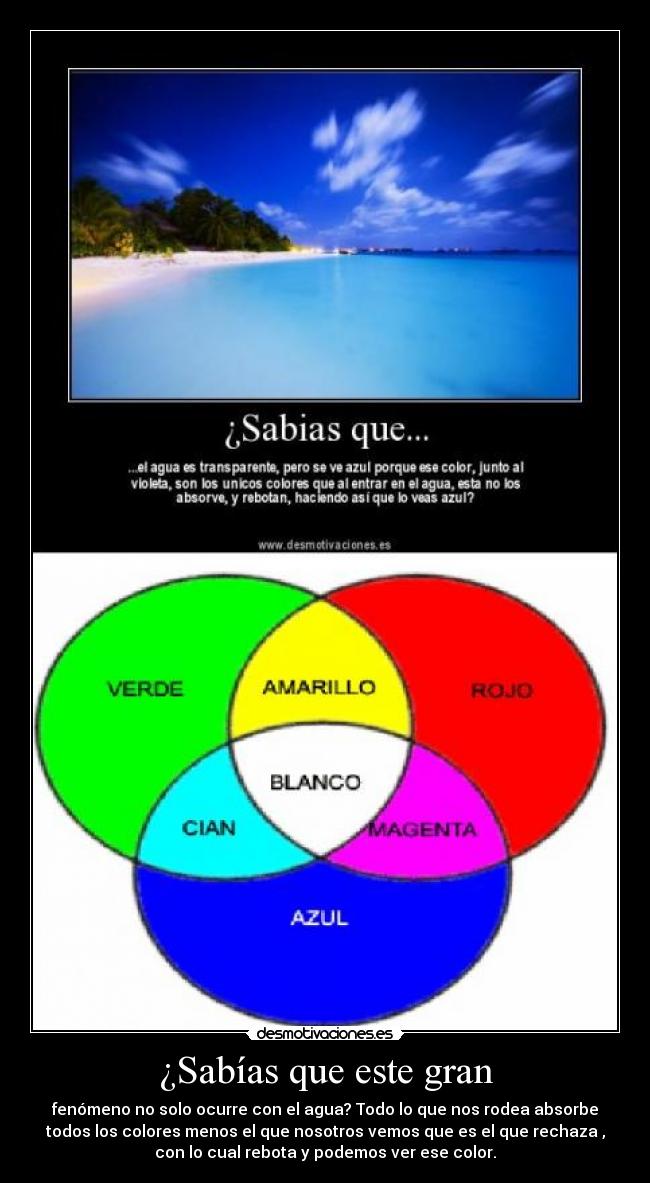 ¿Sabías que este gran - fenómeno no solo ocurre con el agua? Todo lo que nos rodea absorbe
todos los colores menos el que nosotros vemos que es el que rechaza ,
con lo cual rebota y podemos ver ese color.