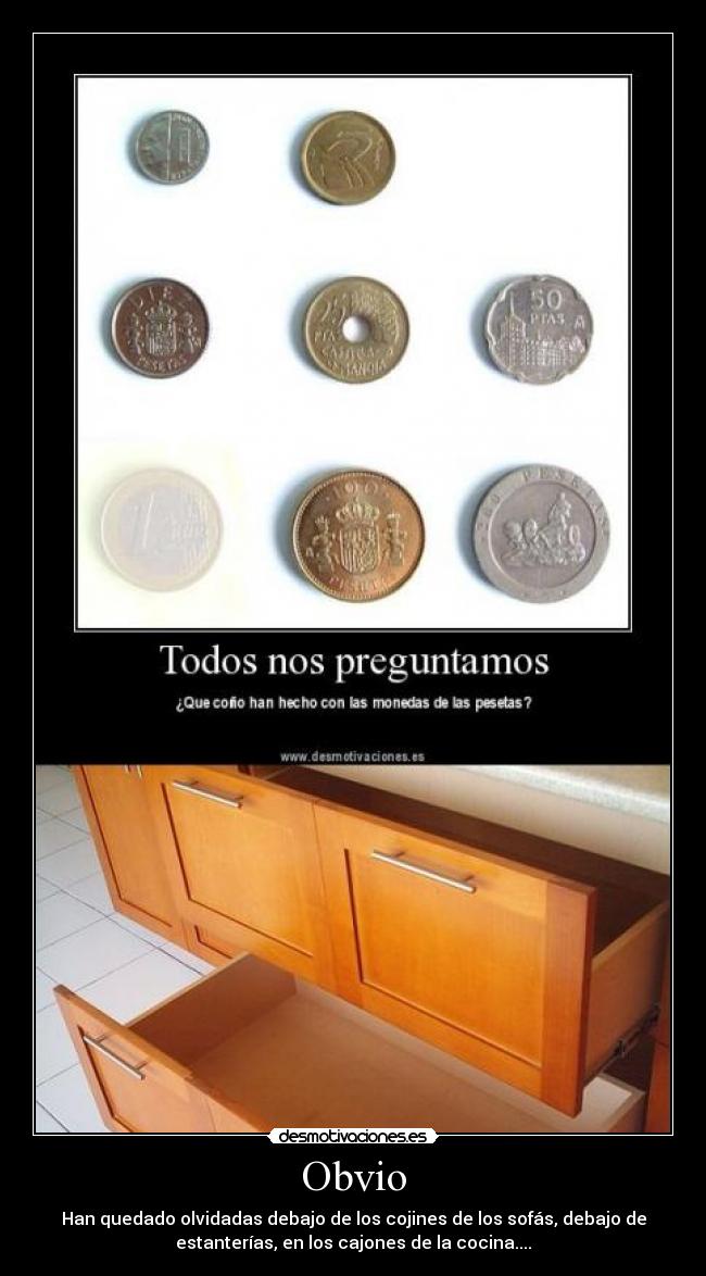 carteles pesetas monedas cajones estanteria sofa cojin desaparecidas desmotivaciones