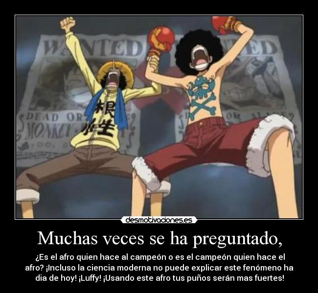 Muchas veces se ha preguntado, -  ¿Es el afro quien hace al campeón o es el campeón quien hace el
afro? ¡Incluso la ciencia moderna no puede explicar este fenómeno ha
dia de hoy! ¡Luffy! ¡Usando este afro tus puños serán mas fuertes!