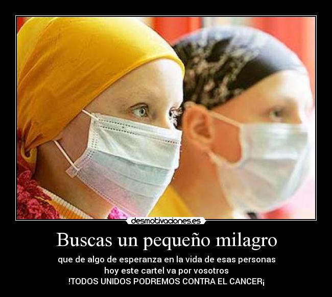 Buscas un pequeño milagro - que de algo de esperanza en la vida de esas personas
hoy este cartel va por vosotros
!TODOS UNIDOS PODREMOS CONTRA EL CANCER¡