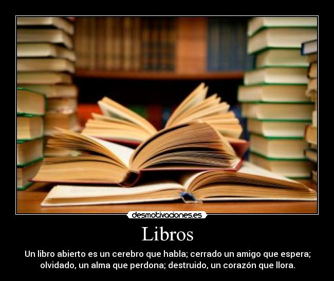 Libros - Un libro abierto es un cerebro que habla; cerrado un amigo que espera;
olvidado, un alma que perdona; destruido, un corazón que llora.