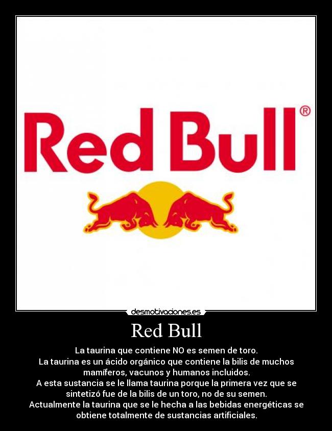 Red Bull - La taurina que contiene NO es semen de toro.
La taurina es un ácido orgánico que contiene la bilis de muchos
mamíferos, vacunos y humanos incluidos.
A esta sustancia se le llama taurina porque la primera vez que se
sintetizó fue de la bilis de un toro, no de su semen.
Actualmente la taurina que se le hecha a las bebidas energéticas se
obtiene totalmente de sustancias artificiales.