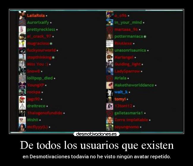 De todos los usuarios que existen - en Desmotivaciones todavia no he visto ningún avatar repetido.