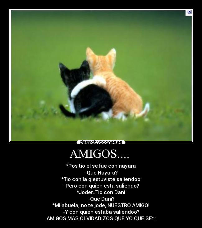 AMIGOS....  - *Pos tio el se fue con nayara
-Que Nayara?
*Tio con la q estuviste saliendoo
-Pero con quien esta saliendo?
*Joder..Tio con Dani
-Que Dani?
*Mi abuela, no te jode, NUESTRO AMIGO!
-Y con quien estaba saliendoo?
AMIGOS MAS OLVIDADIZOS QUE YO QUE SE:::