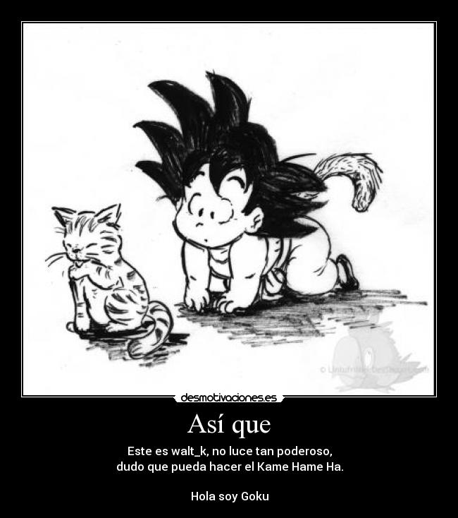 Así que - Este es walt_k, no luce tan poderoso,
dudo que pueda hacer el Kame Hame Ha.
Hola soy Goku