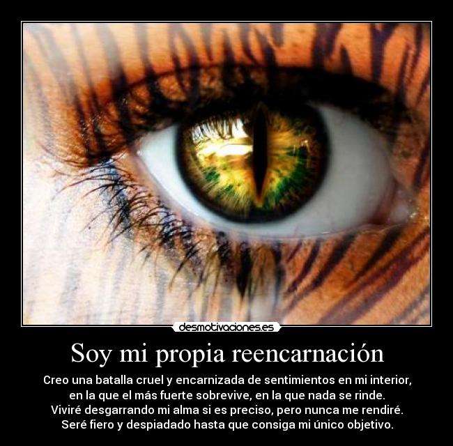 Soy mi propia reencarnación - Creo una batalla cruel y encarnizada de sentimientos en mi interior,
en la que el más fuerte sobrevive, en la que nada se rinde.
Viviré desgarrando mi alma si es preciso, pero nunca me rendiré.
Seré fiero y despiadado hasta que consiga mi único objetivo.