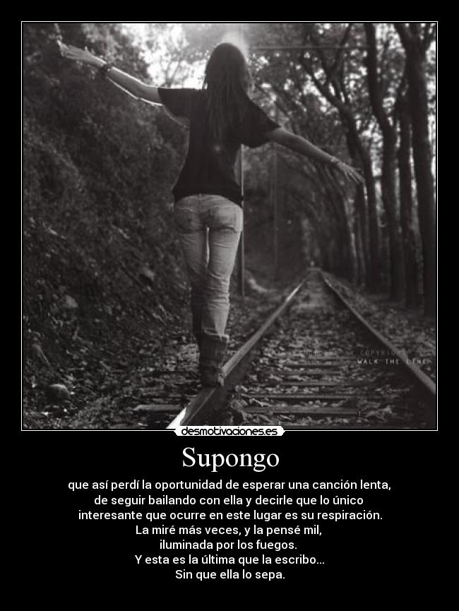 Supongo - que así perdí la oportunidad de esperar una canción lenta,
de seguir bailando con ella y decirle que lo único
interesante que ocurre en este lugar es su respiración.
La miré más veces, y la pensé mil,
iluminada por los fuegos.
Y esta es la última que la escribo...
Sin que ella lo sepa.