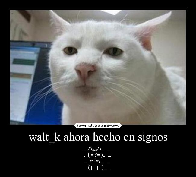 walt_k ahora hecho en signos - ..../\„,„/\..........
...( =;= )........
.../*♥♥*\.........
..(.|.|..|.|.)......